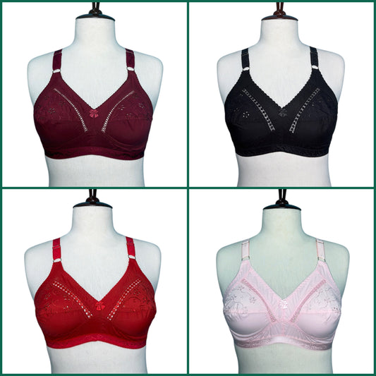 Pack of 4 Embroidered Cotton Bra For Girls, High Quality Brassieres