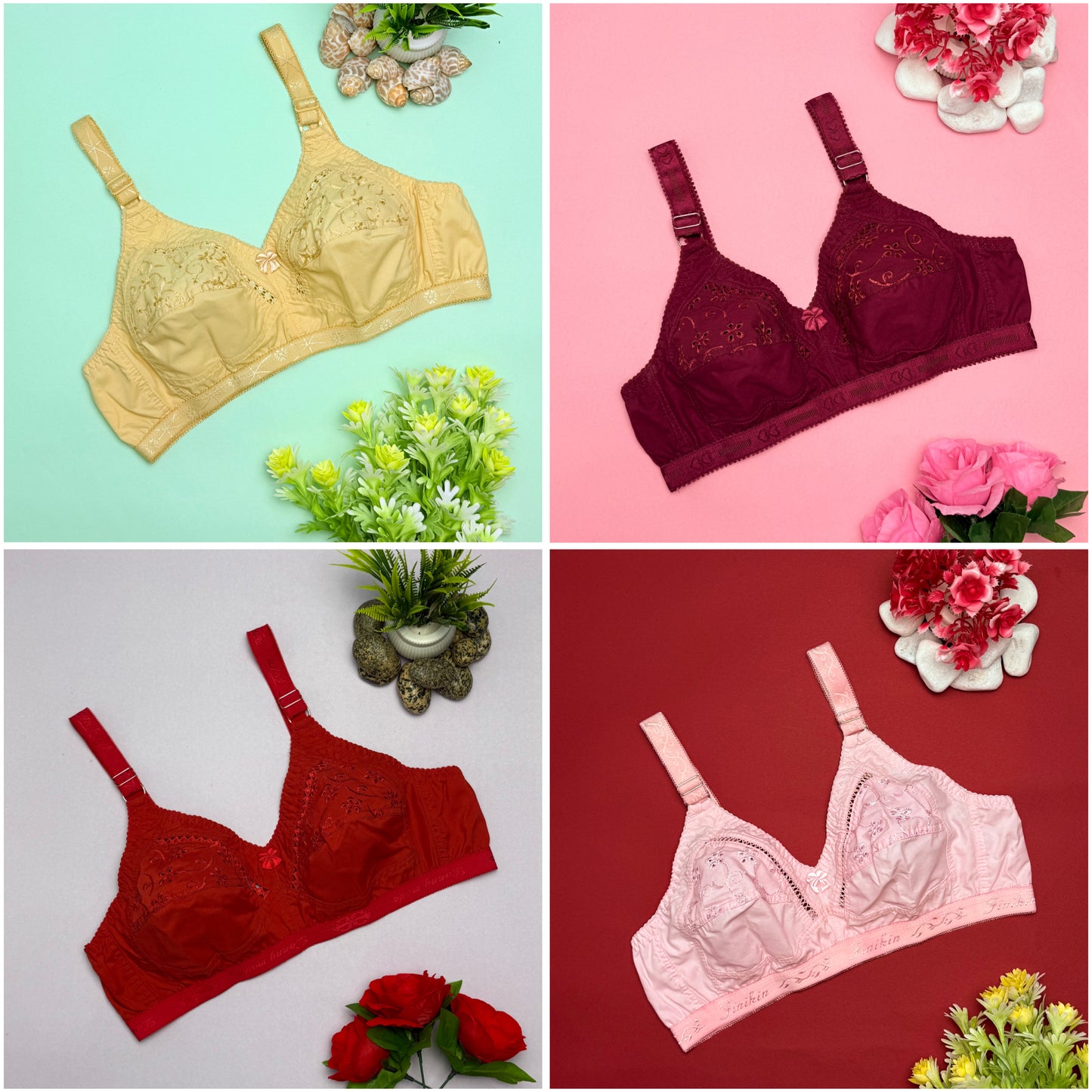 Pack of 4 Embroidered Cotton Bra For Girls, High Quality Brassieres